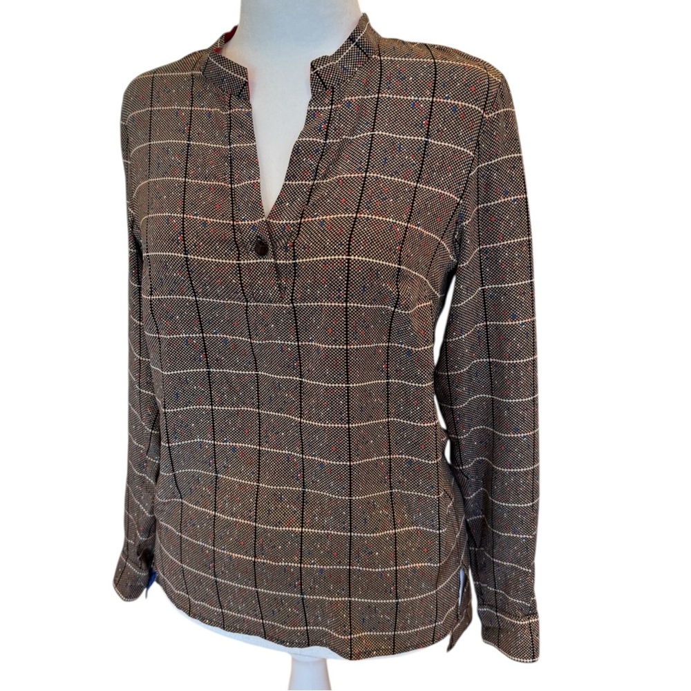 Worth New York Plaid Split Neck Blouse Size P Long Sleeve Contrast Trim